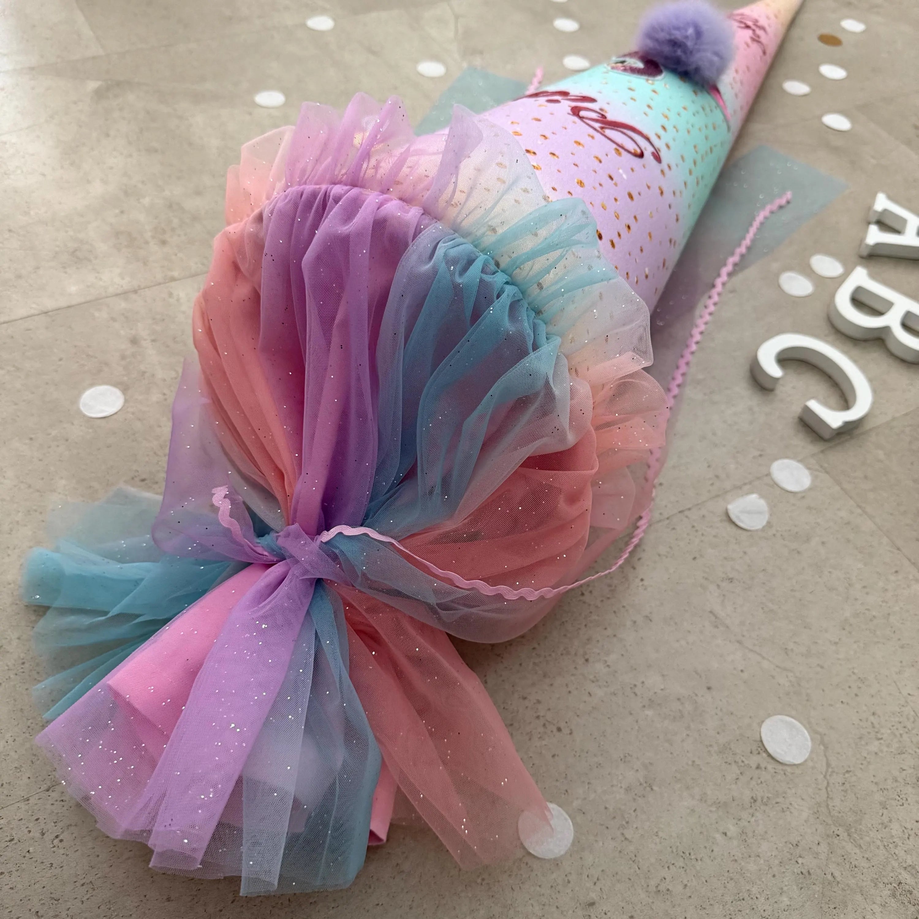 85cm Schultüte Stoff Zuckertüte Einschulung Handmade - Flamingo mit Tüll