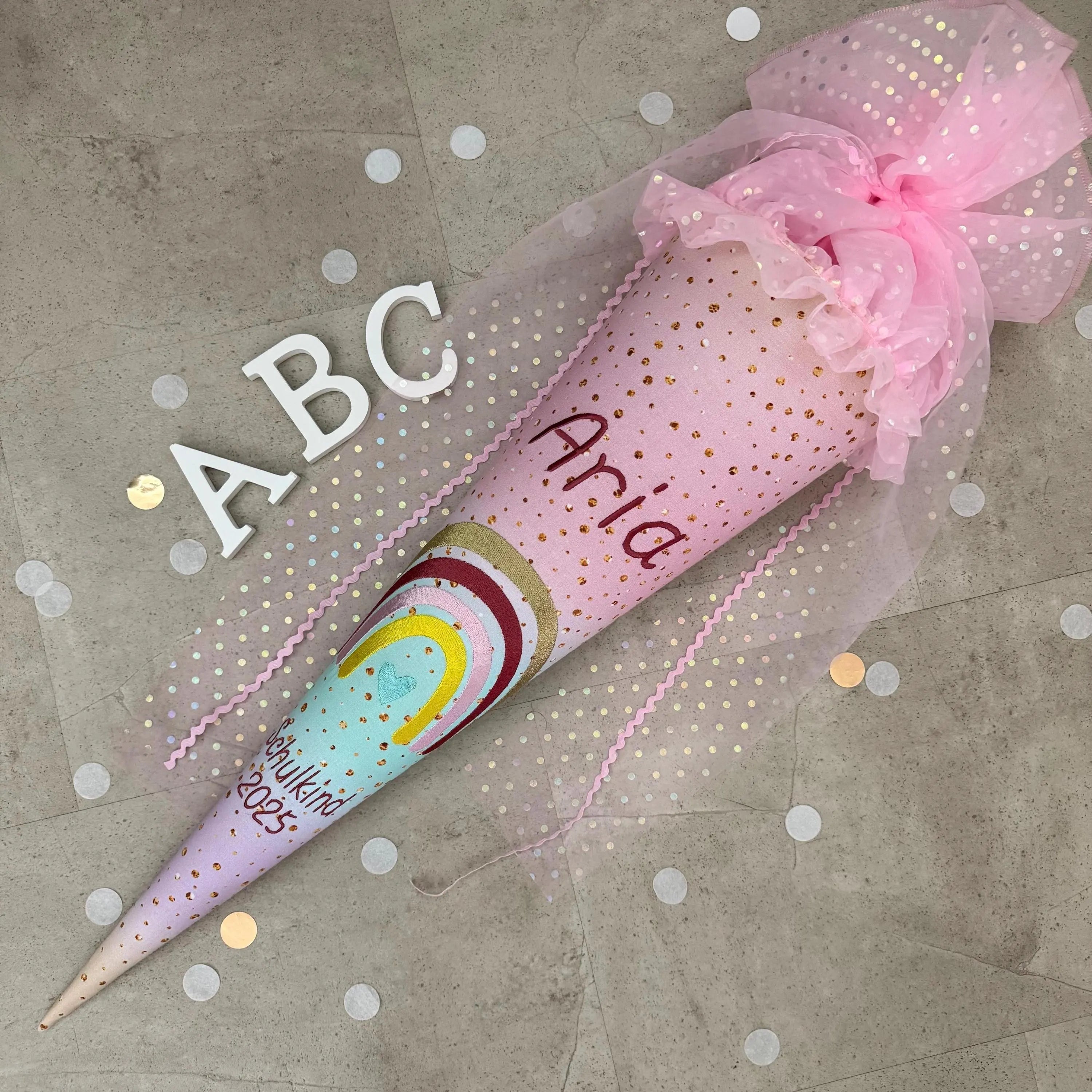 70cm Schultüte Zuckertüte Einschulung Groß Handmade - Regenbogen mit Applikation und Tüll