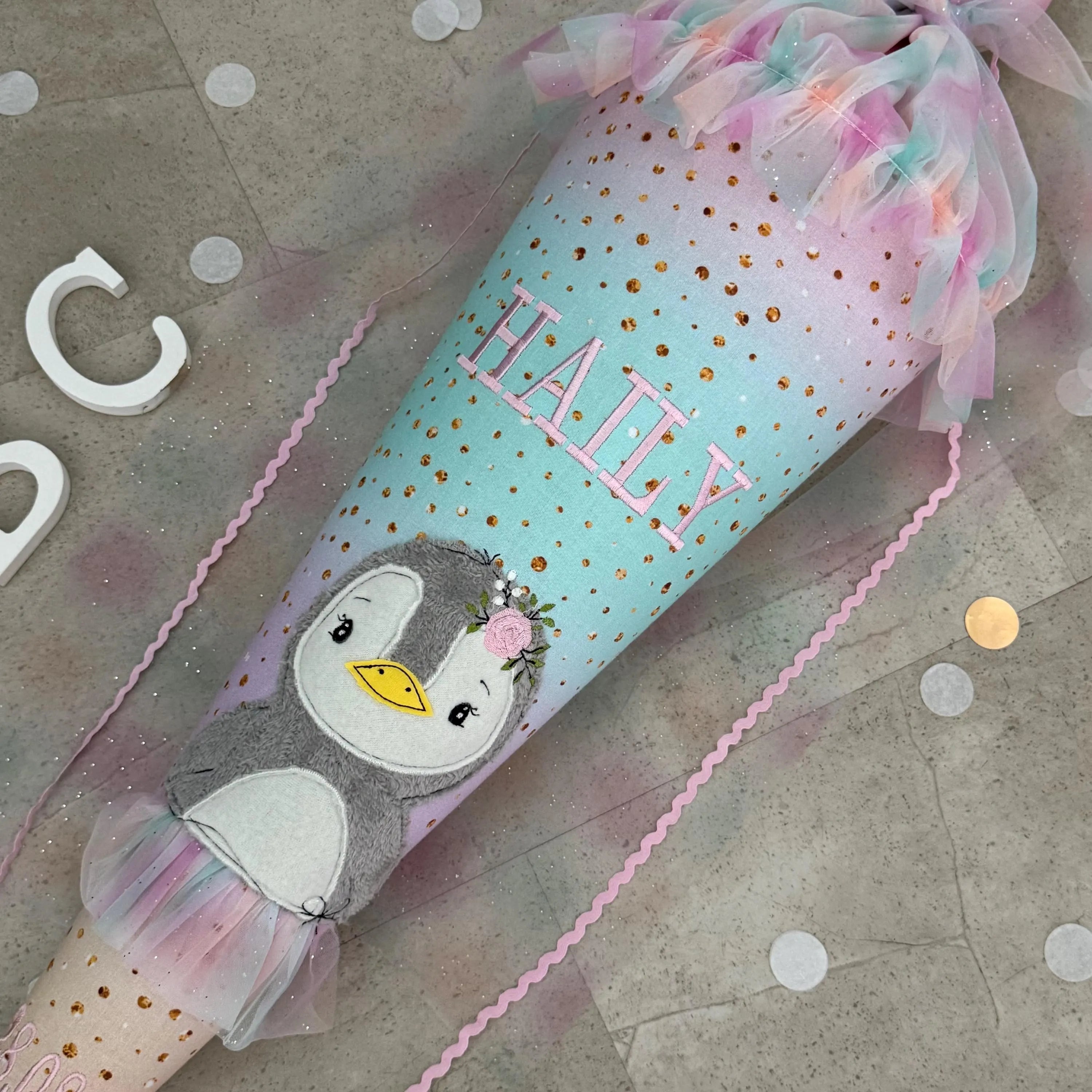 70cm Schultüte Stoff Zuckertüte Einschulung Handmade - Pinguin mit Tüll Verschluss