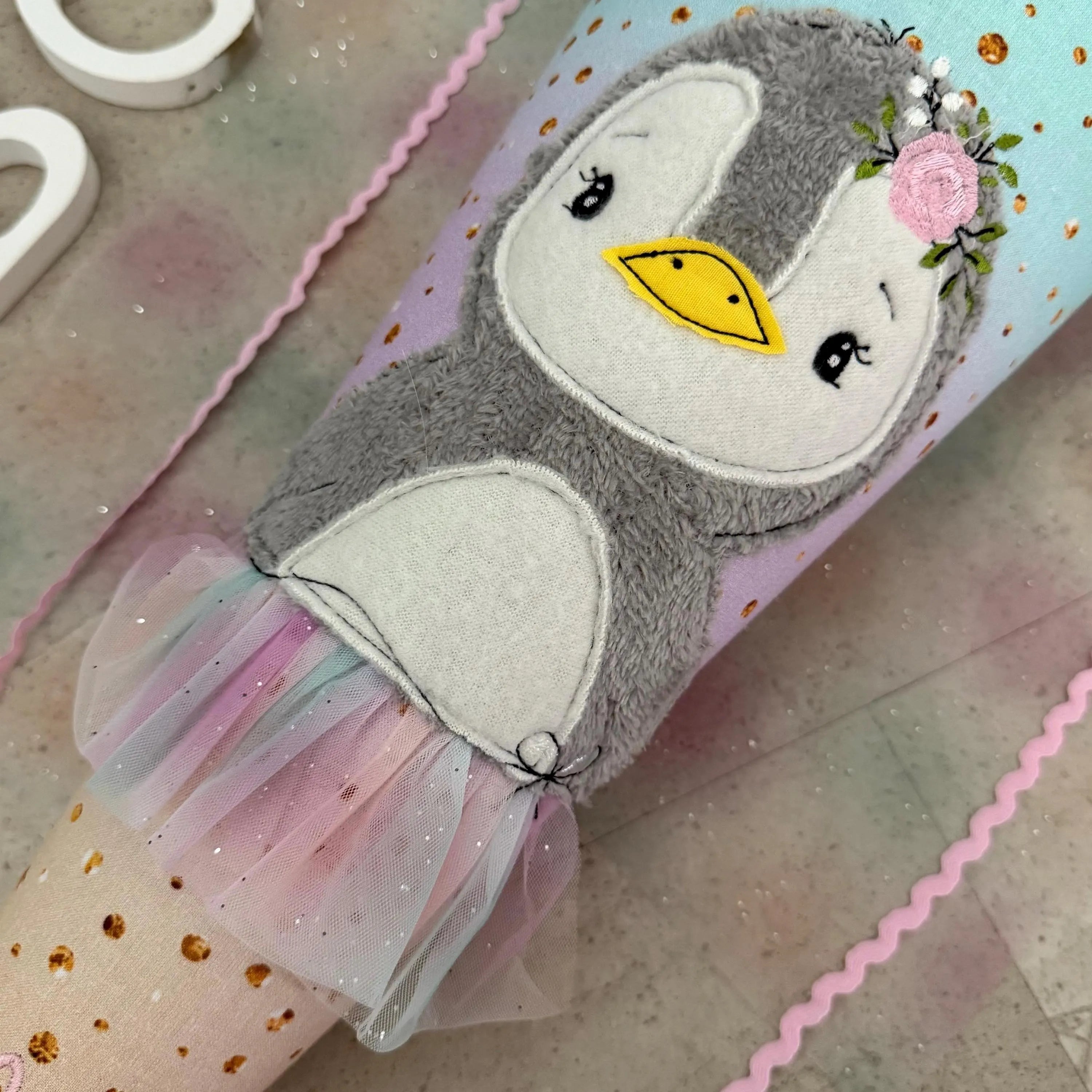 70cm Schultüte Stoff Zuckertüte Einschulung Handmade - Pinguin mit Tüll Verschluss