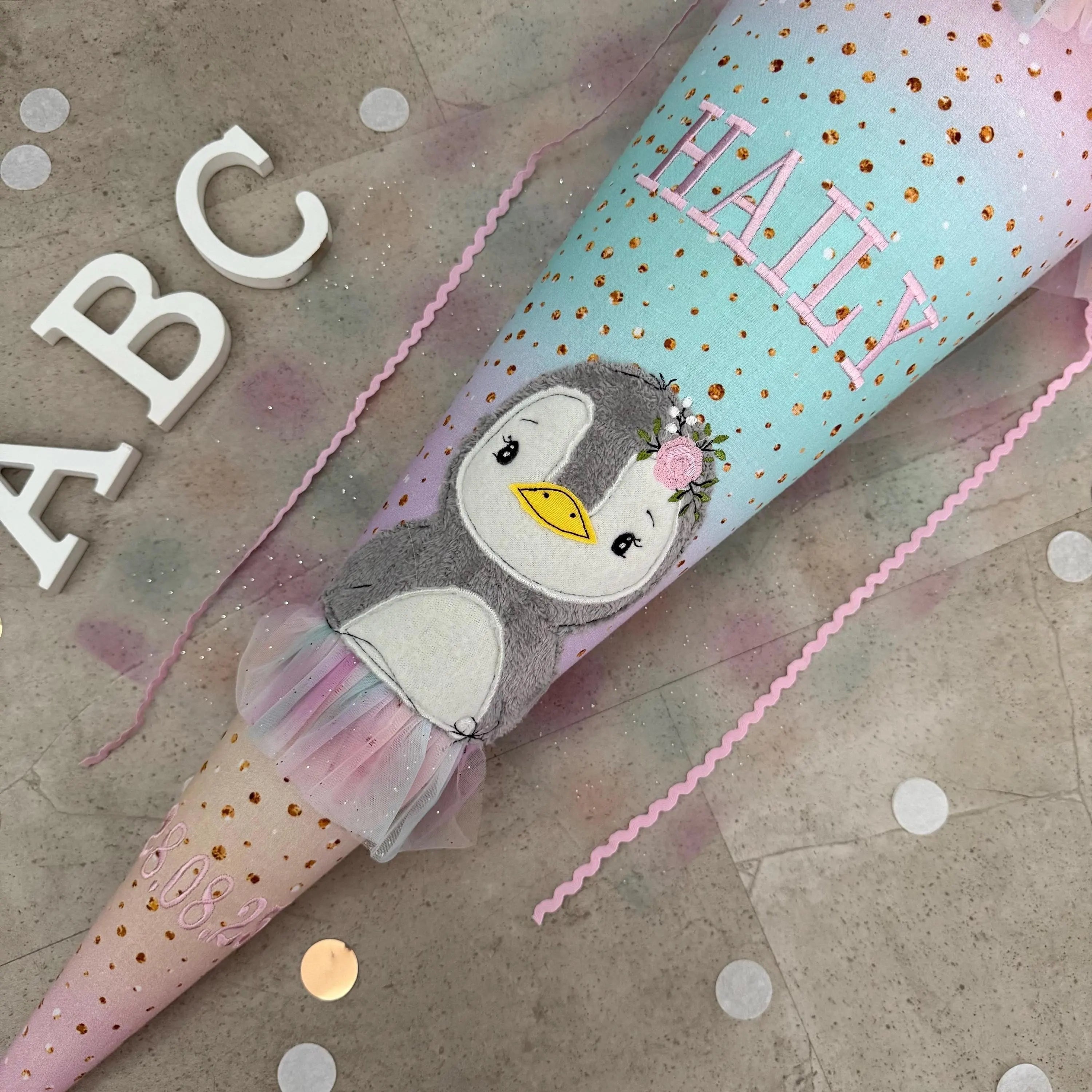 70cm Schultüte Stoff Zuckertüte Einschulung Handmade - Pinguin mit Tüll Verschluss