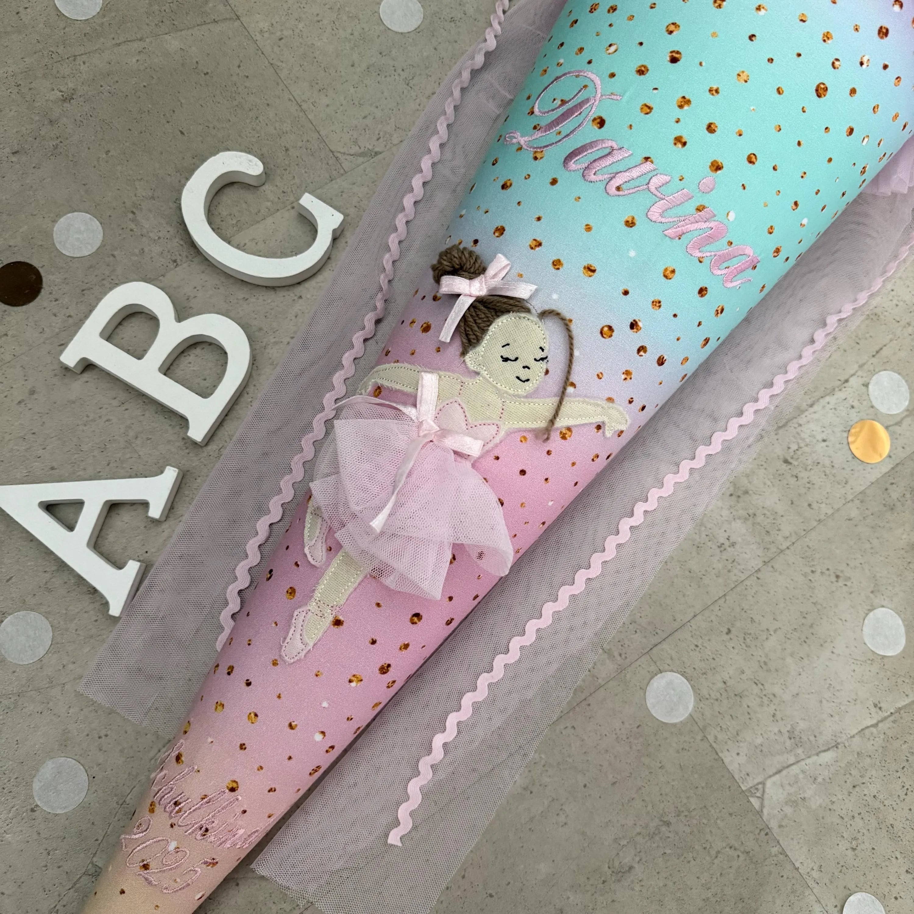 70cm Schultüte Stoff Zuckertüte Einschulung Handmade - Ballerina mit Tüll Verschluss