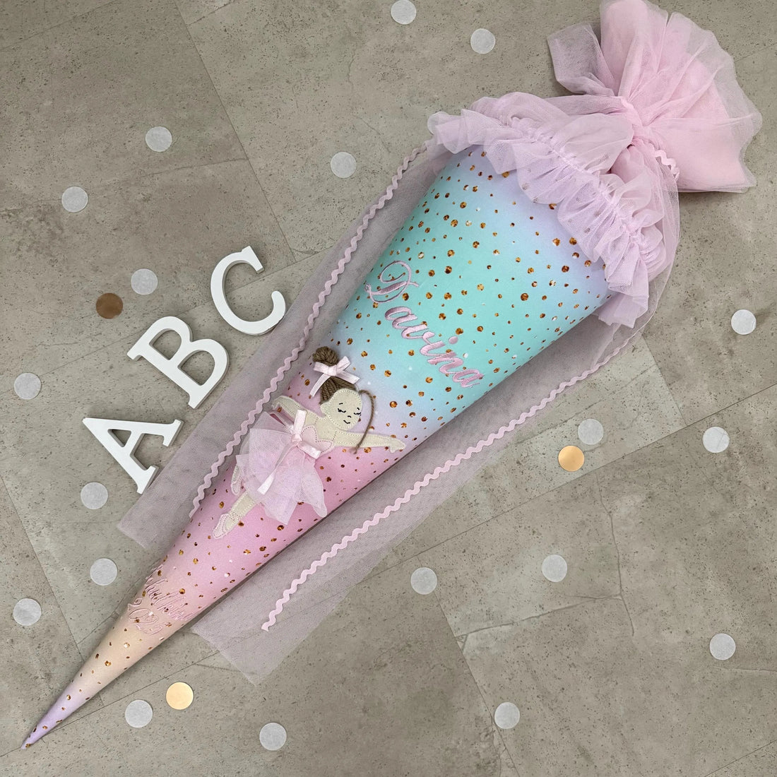 70cm Schultüte Stoff Zuckertüte Einschulung Handmade - Ballerina mit Tüll Verschluss