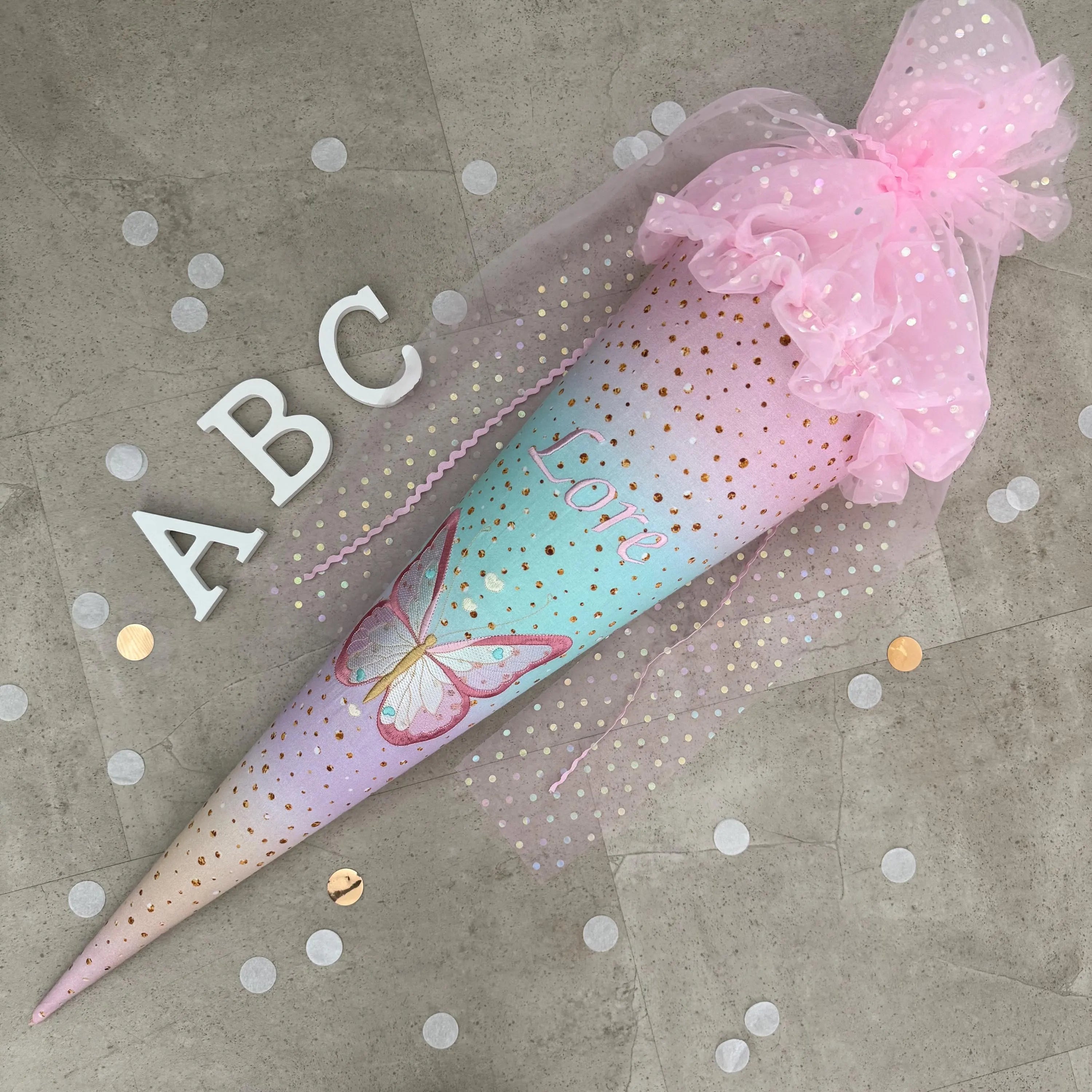 Schultüte Stoff Zuckertüte Einschulung 70cm Handmade - Schmetterling mit Tüll/Organza