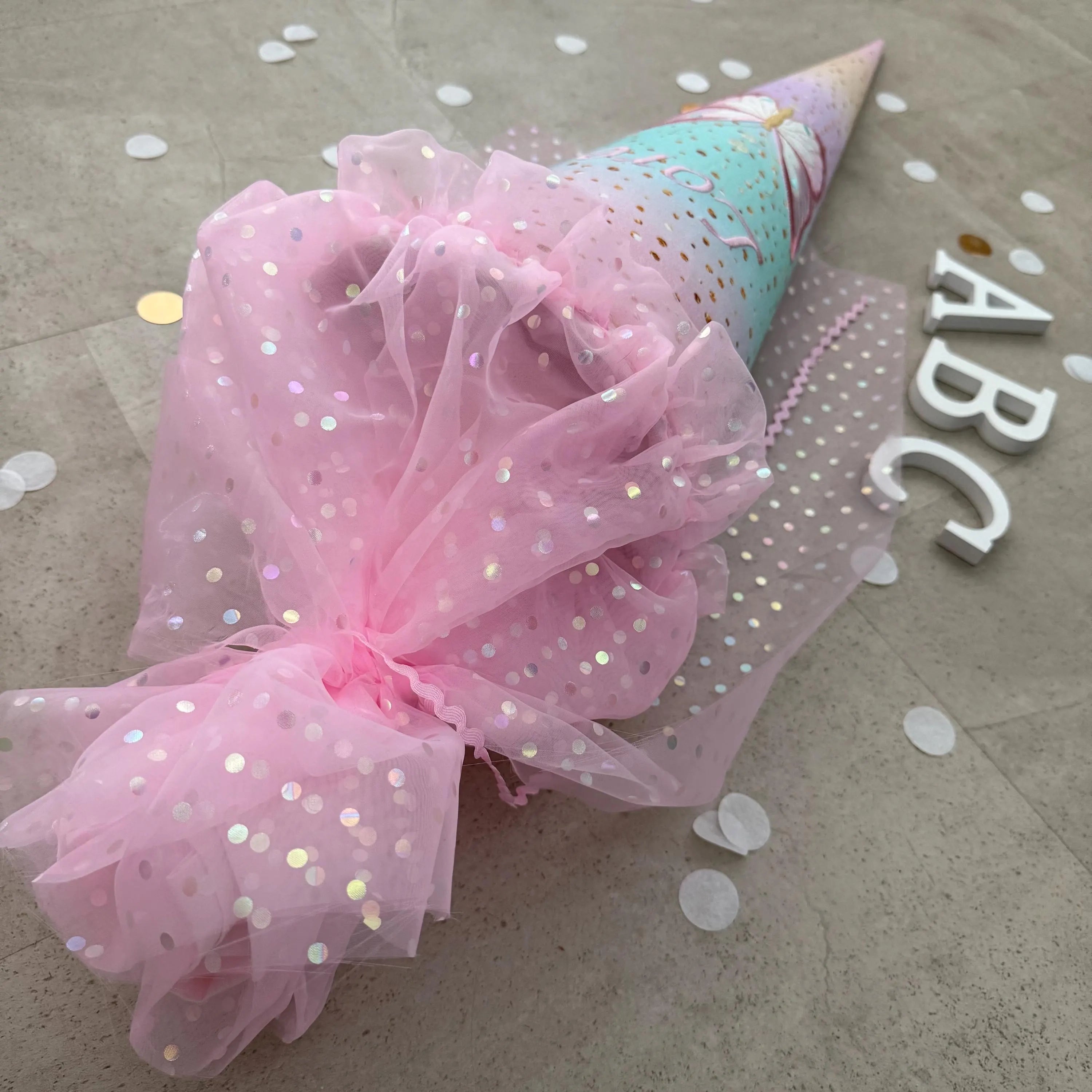 Schultüte Stoff Zuckertüte Einschulung 70cm Handmade - Schmetterling mit Tüll/Organza