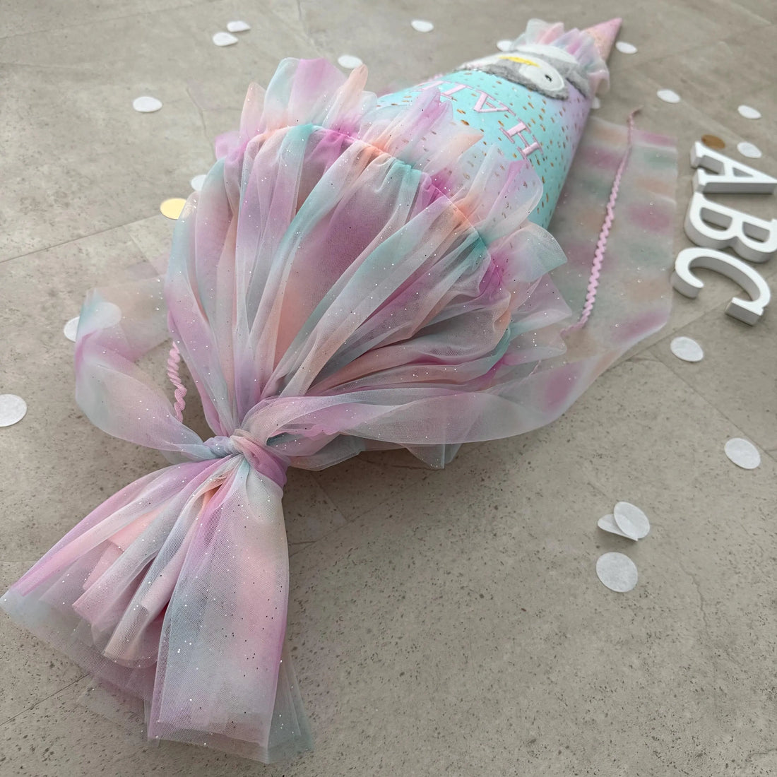 70cm Schultüte Stoff Zuckertüte Einschulung Handmade - Pinguin mit Tüll Verschluss