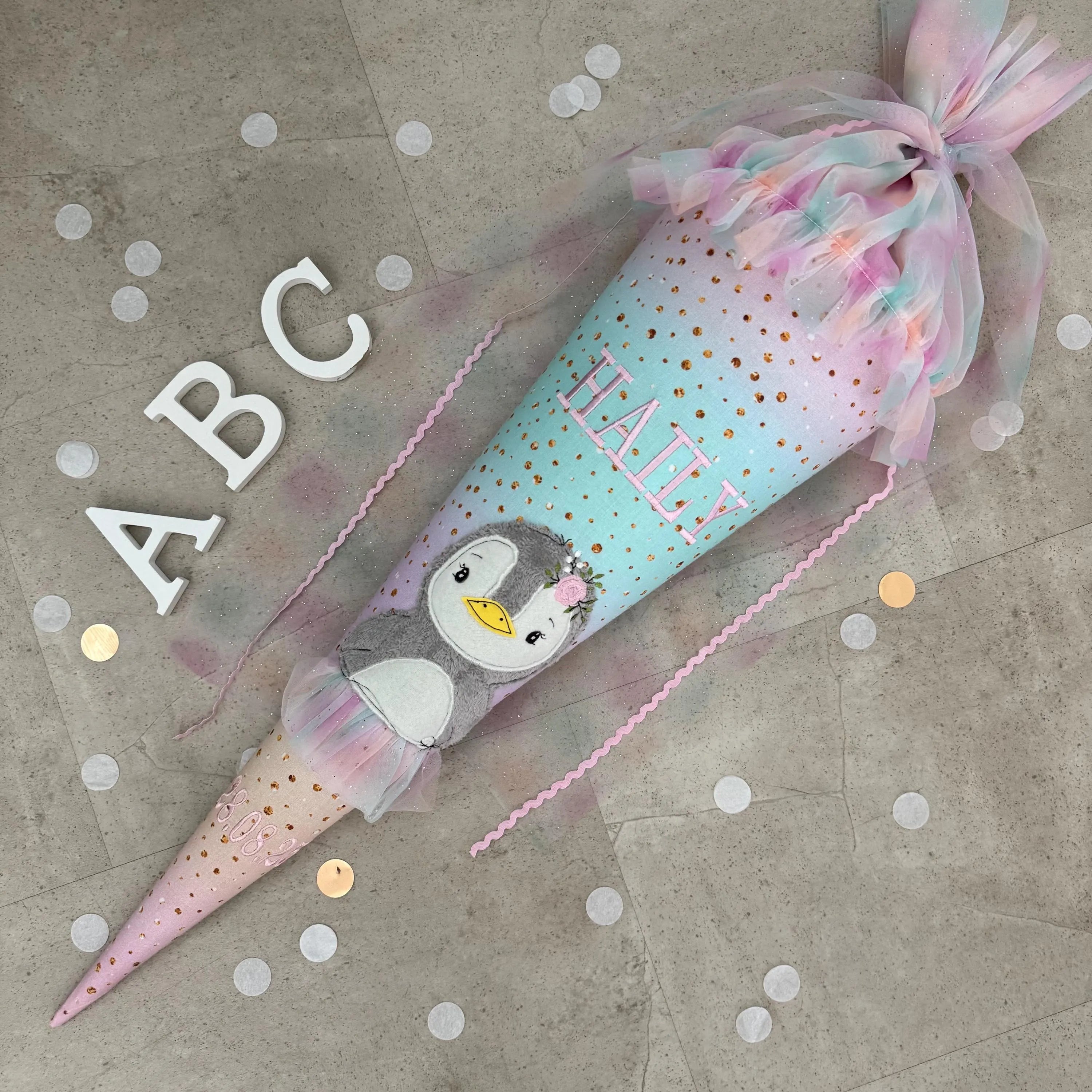 70cm Schultüte Stoff Zuckertüte Einschulung Handmade - Pinguin mit Tüll Verschluss