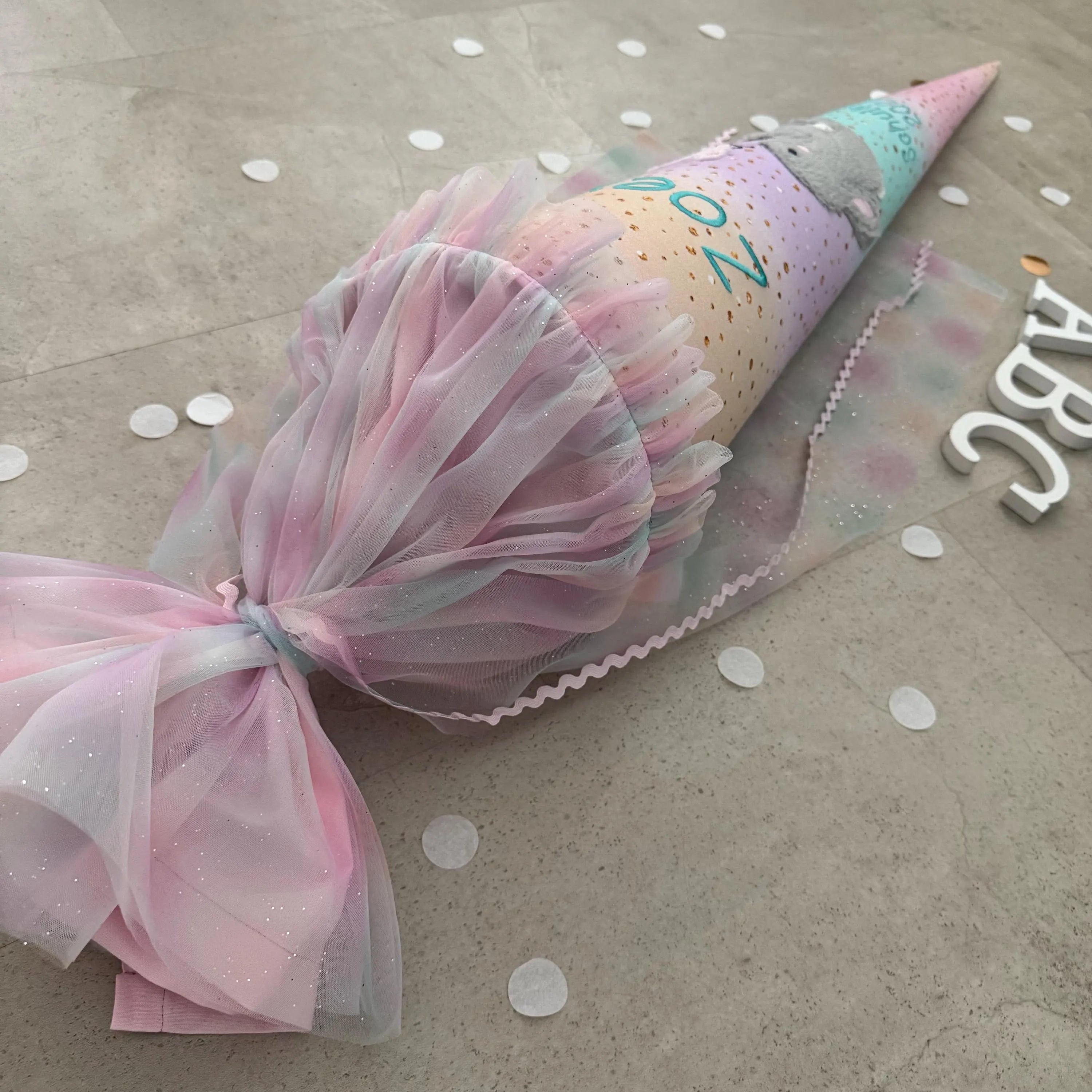 85cm Schultüte Stoff Zuckertüte Einschulung Handmade - Hase mit Tüll Verschluss