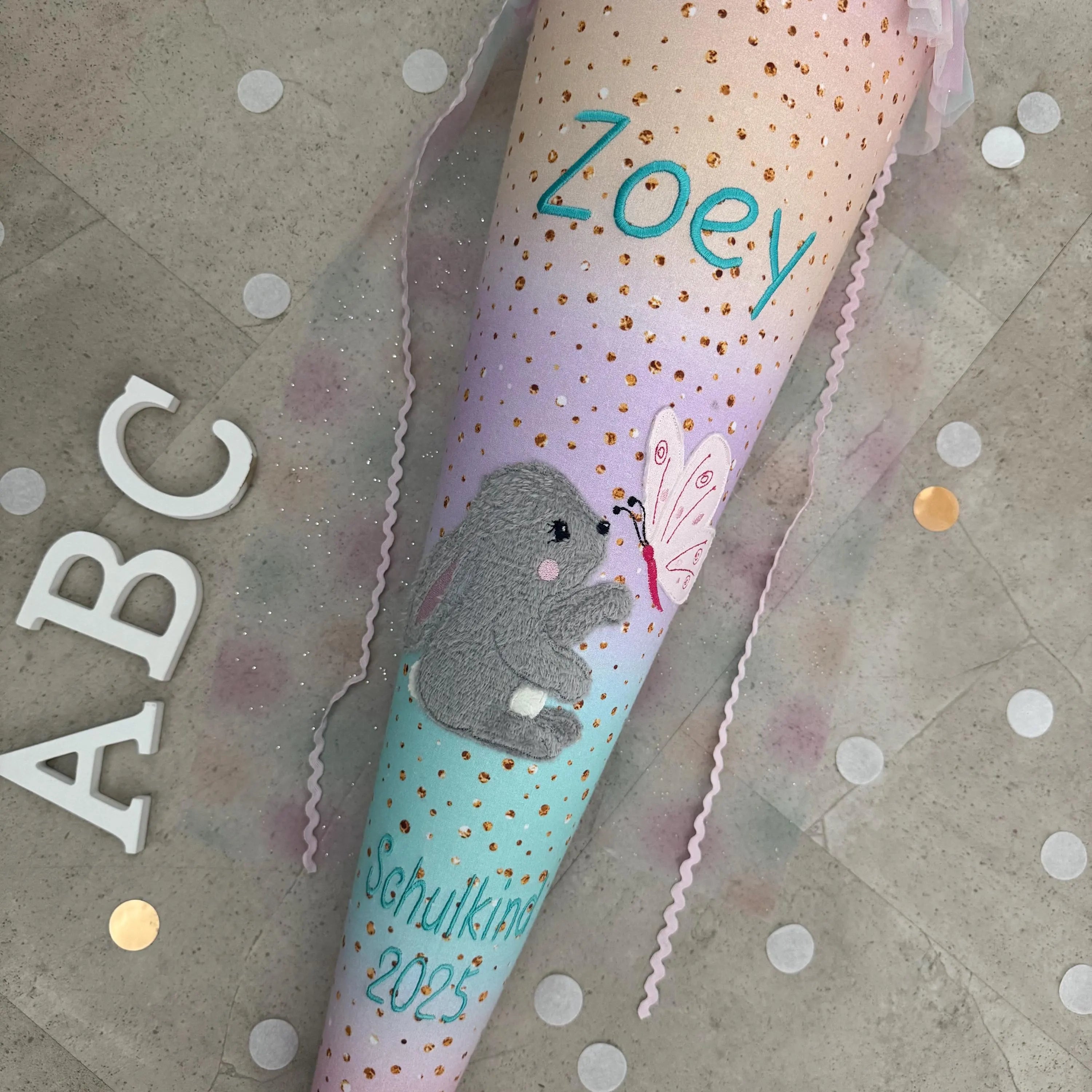 85cm Schultüte Stoff Zuckertüte Einschulung Handmade - Hase mit Tüll Verschluss