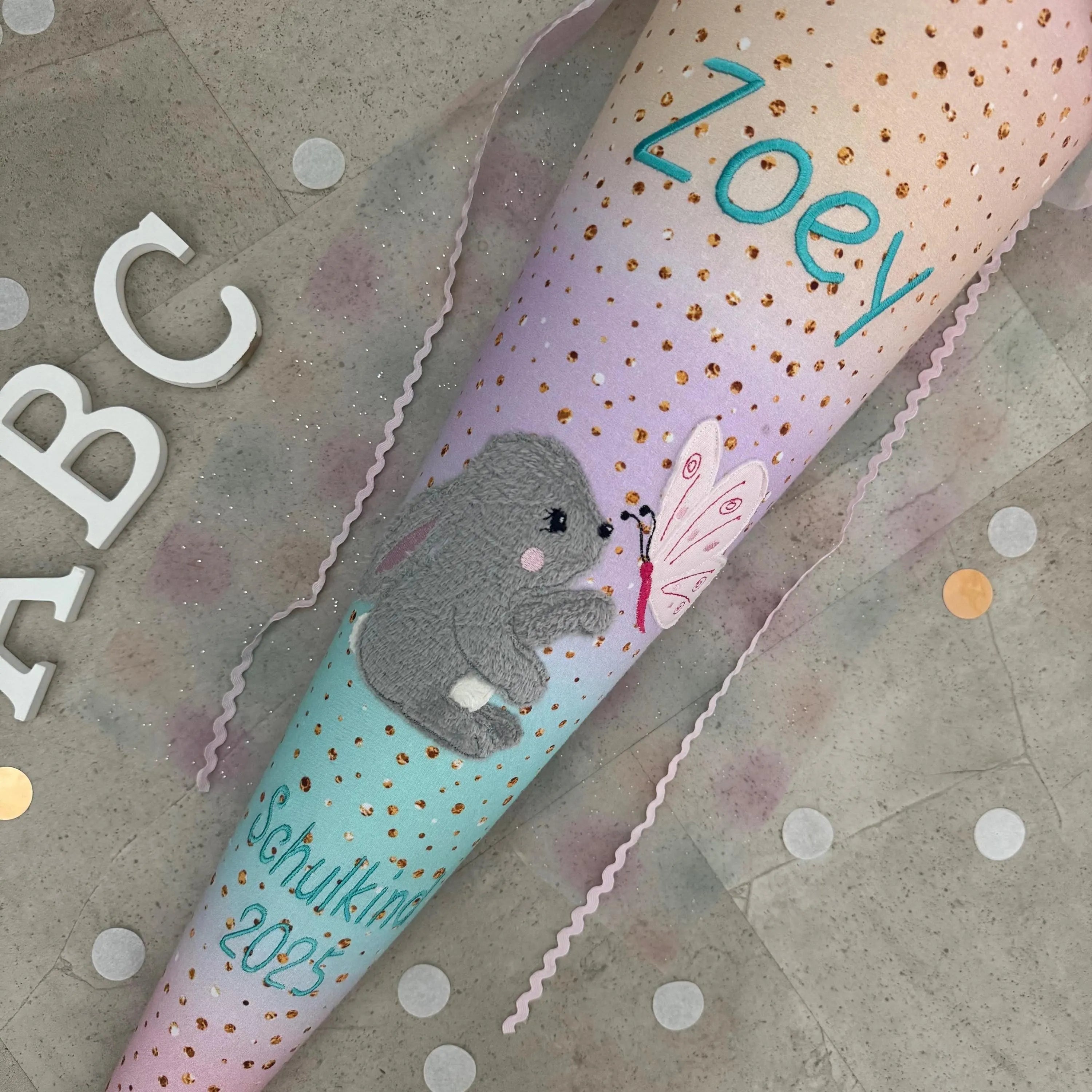 85cm Schultüte Stoff Zuckertüte Einschulung Handmade - Hase mit Tüll Verschluss