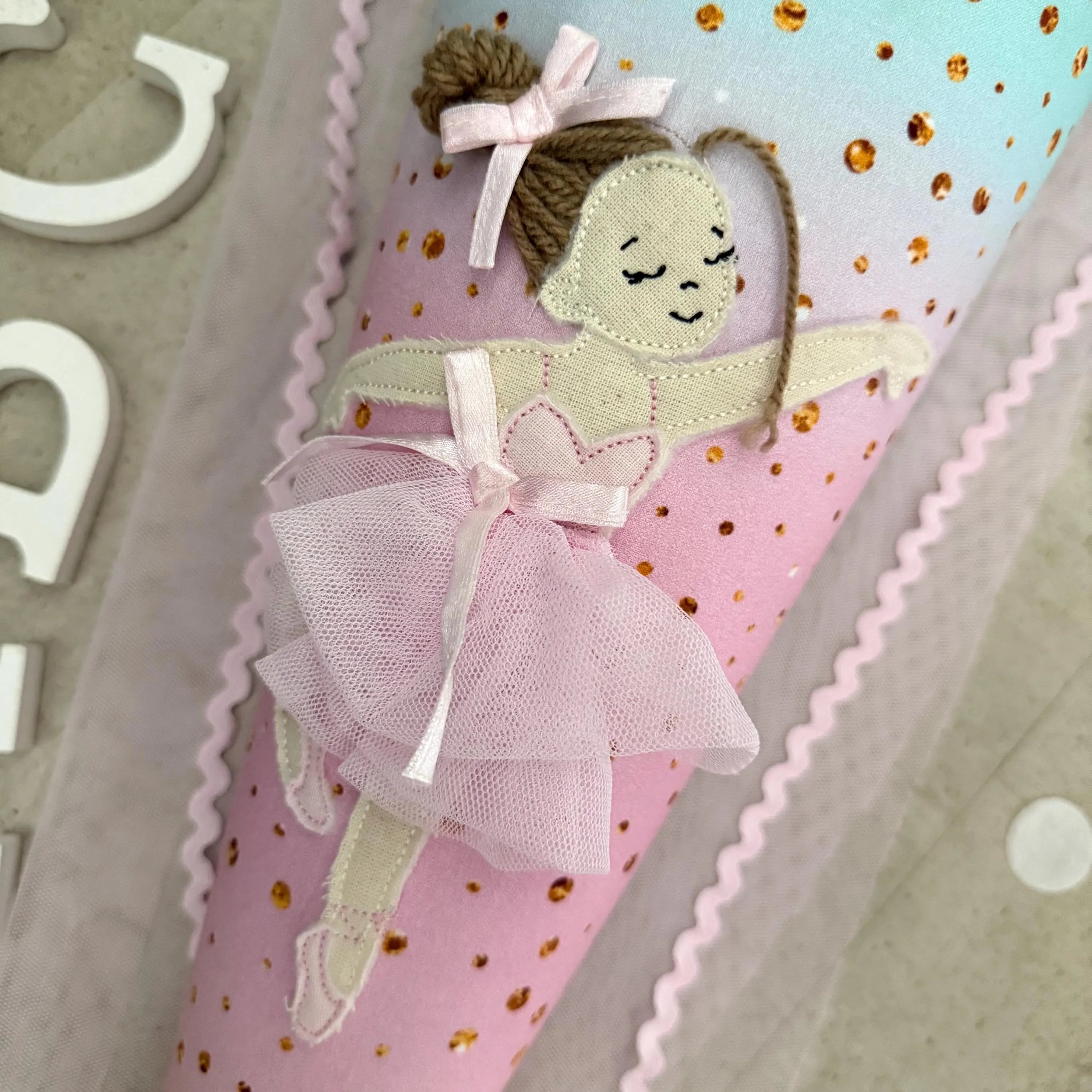 70cm Schultüte Stoff Zuckertüte Einschulung Handmade - Ballerina mit Tüll Verschluss