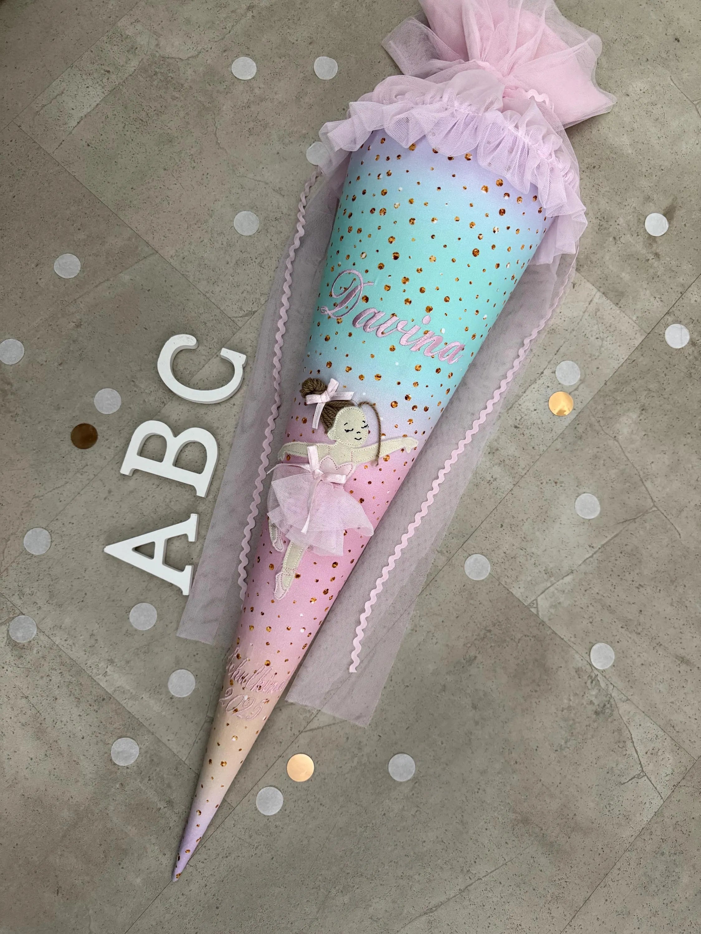 70cm Schultüte Stoff Zuckertüte Einschulung Handmade - Ballerina mit Tüll Verschluss