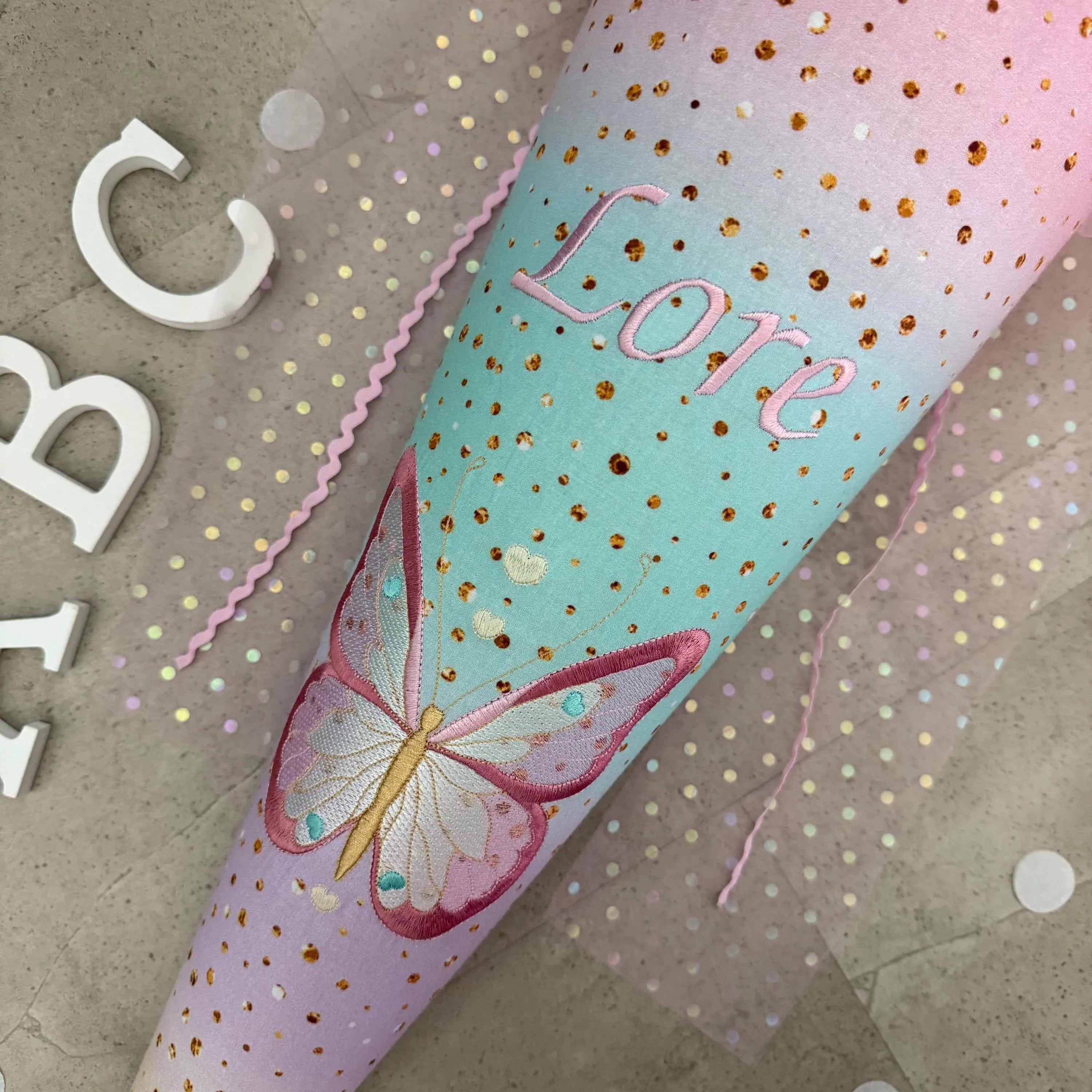 Schultüte Stoff Zuckertüte Einschulung 70cm Handmade - Schmetterling mit Tüll/Organza