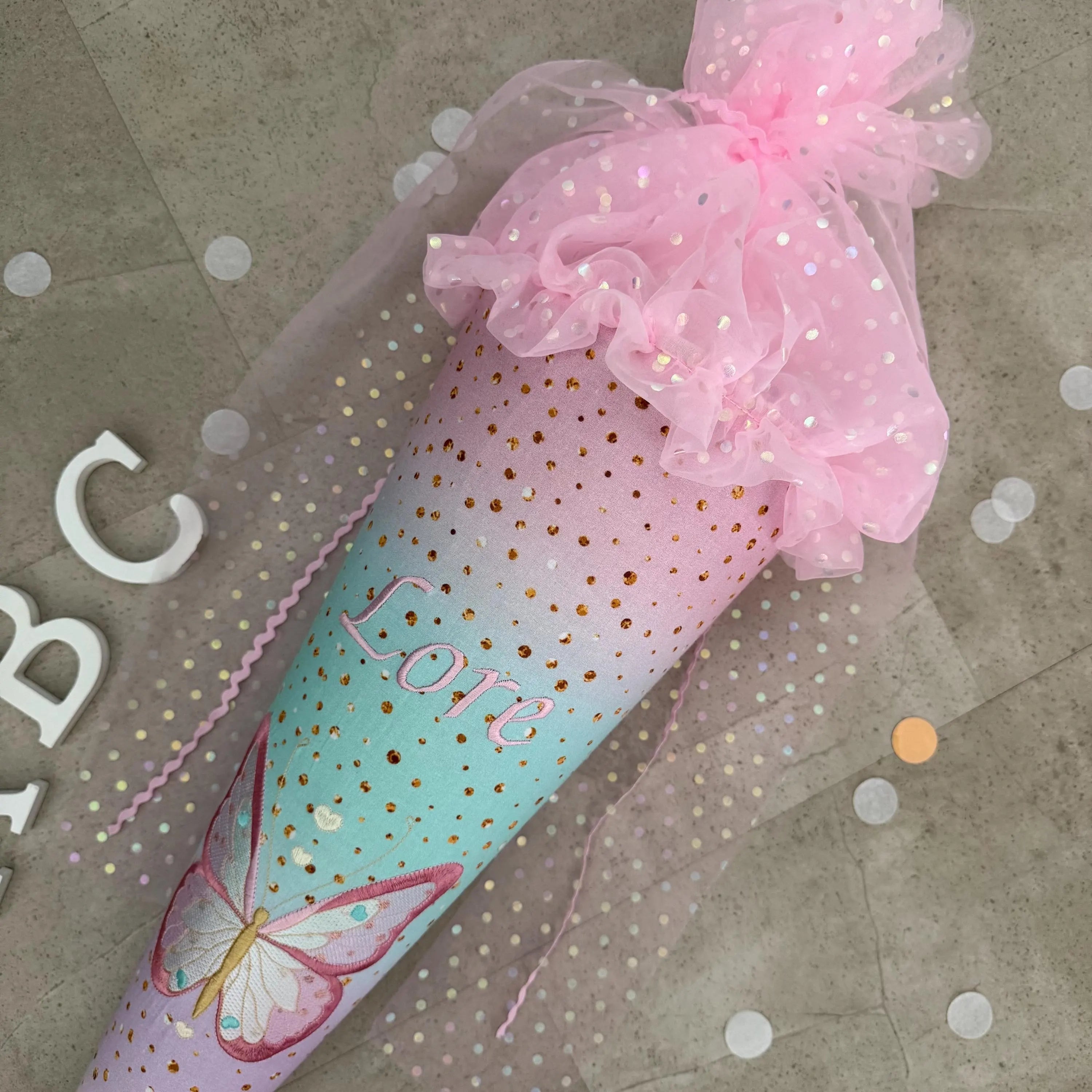 Schultüte Stoff Zuckertüte Einschulung 70cm Handmade - Schmetterling mit Tüll/Organza