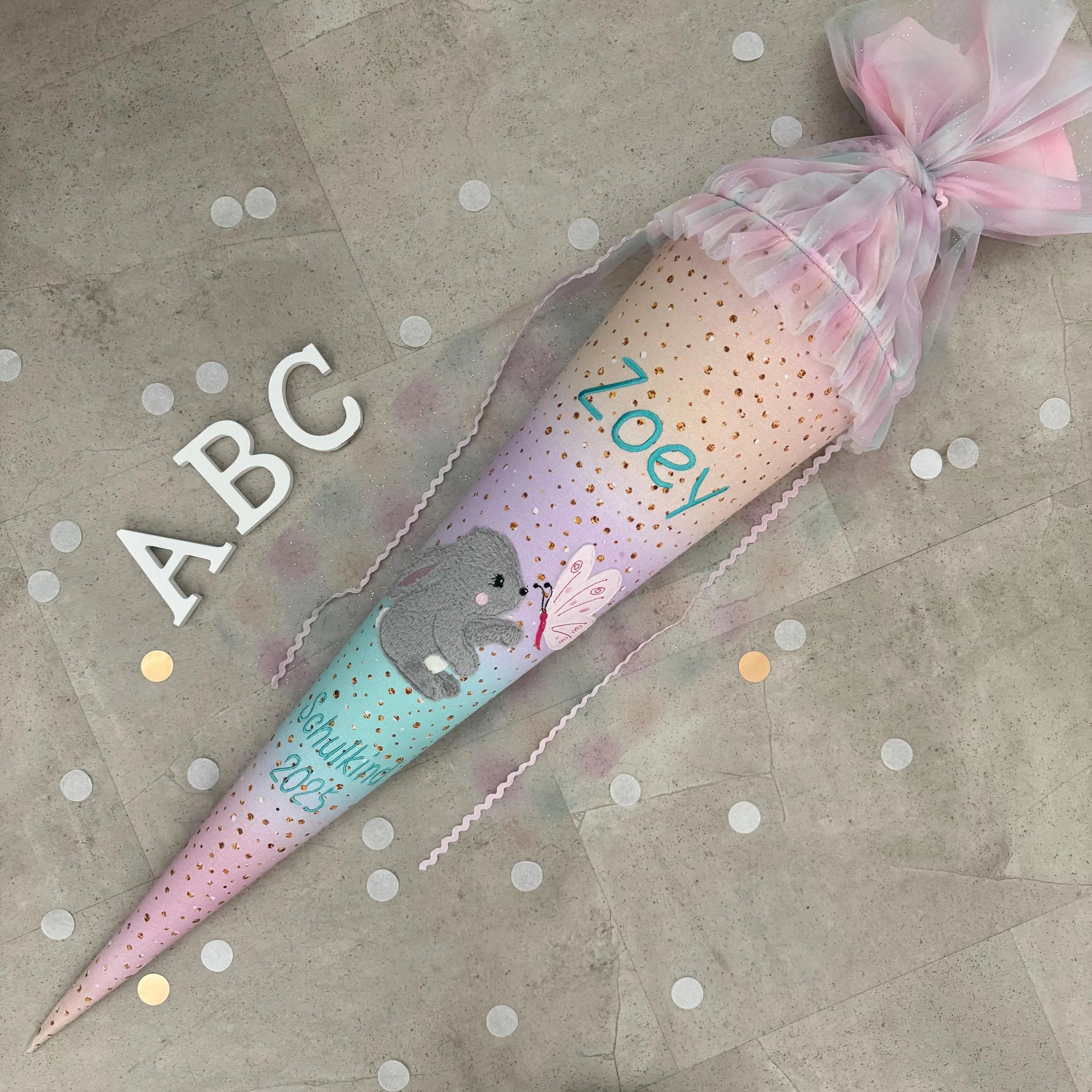 85cm Schultüte Stoff Zuckertüte Einschulung Handmade - Hase mit Tüll Verschluss