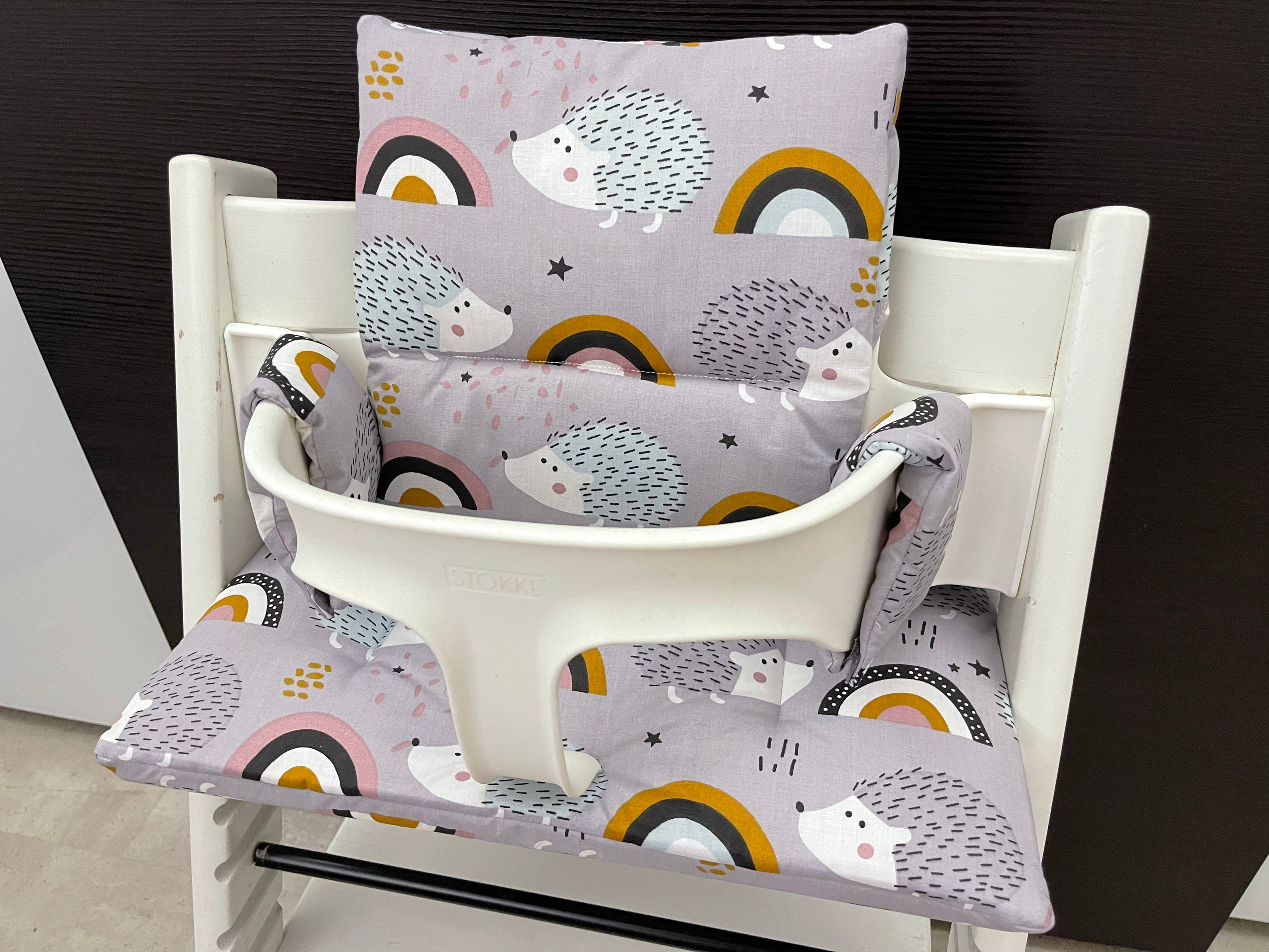 Handgemachtes Sitzkissen Set für den Stokke Tripp Trapp Hochstuhl im Igel Motiv, Baumwolle