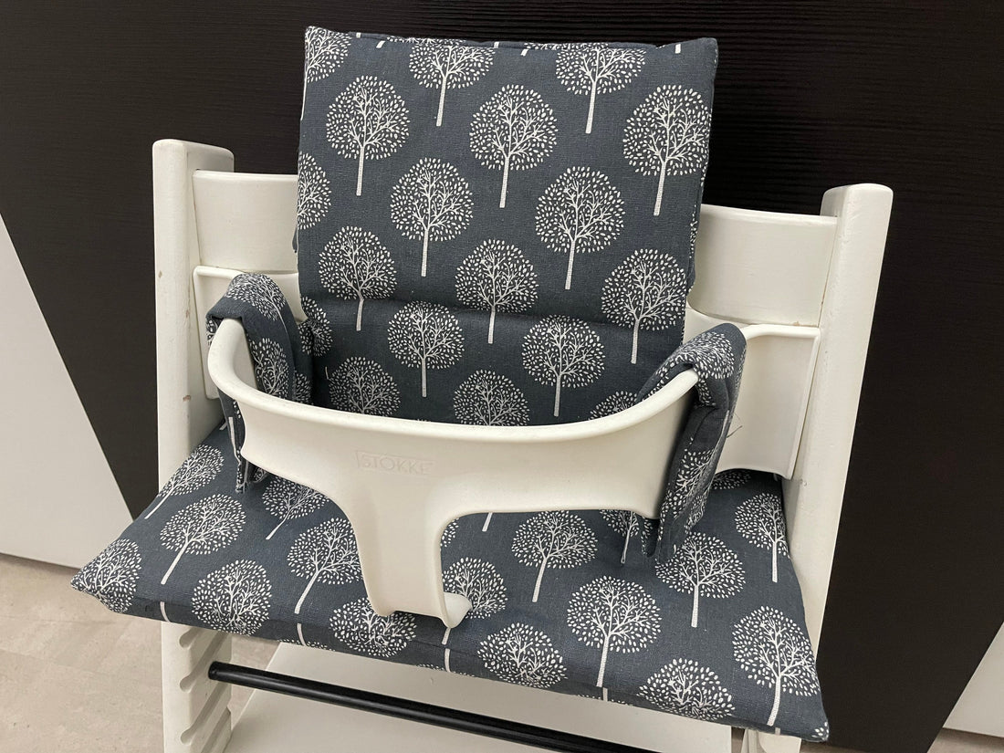 Handgemachtes Sitzkissen Set für den Stokke Tripp Trapp Hochstuhl in Grau mit Baum Motiv, Baumwolle